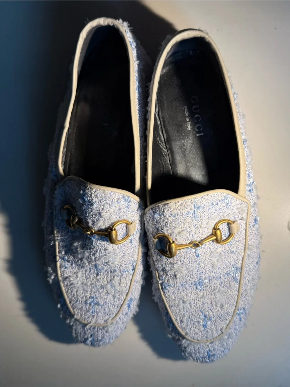 Gucci Cream and Light Blue Textured Men's Slip-On Loafers with Gold Bit
